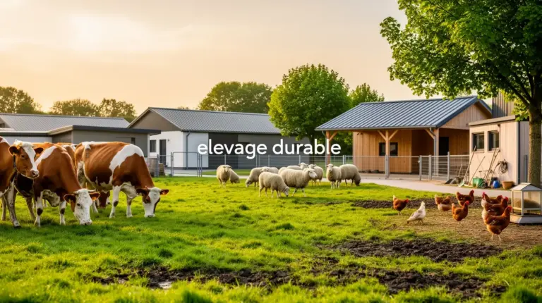 Vue ferme elevage durable moderne vaches moutons poules arbres abri