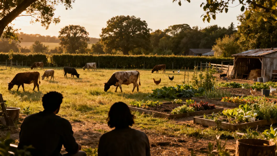 Scène ferme elevage durable animaux rustiques biodiversite structures