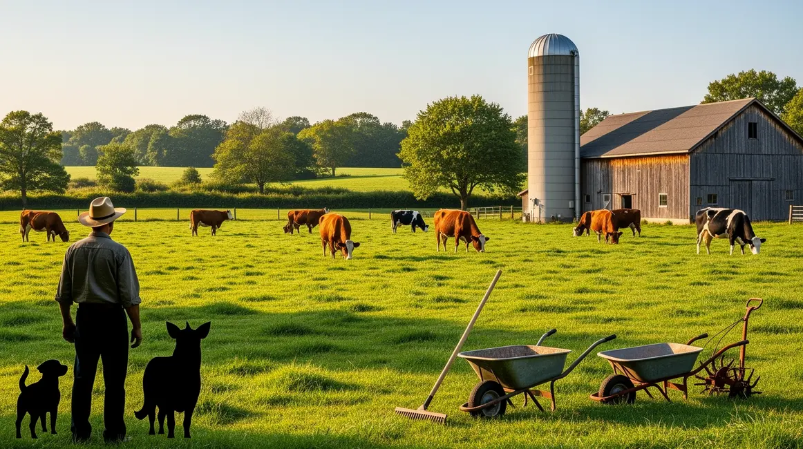Elevage durable : bovins dans prairies, arbres et outils agricoles