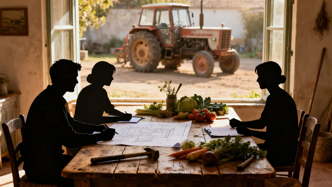 table dîner exploitation familiale agricole discussion outils tracteur