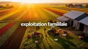vue aérienne exploitation familiale agricole avec champs et générations