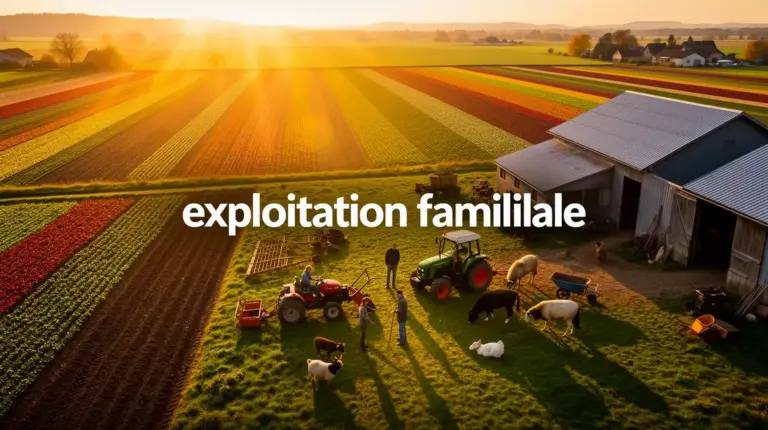 vue aérienne exploitation familiale agricole avec champs et générations