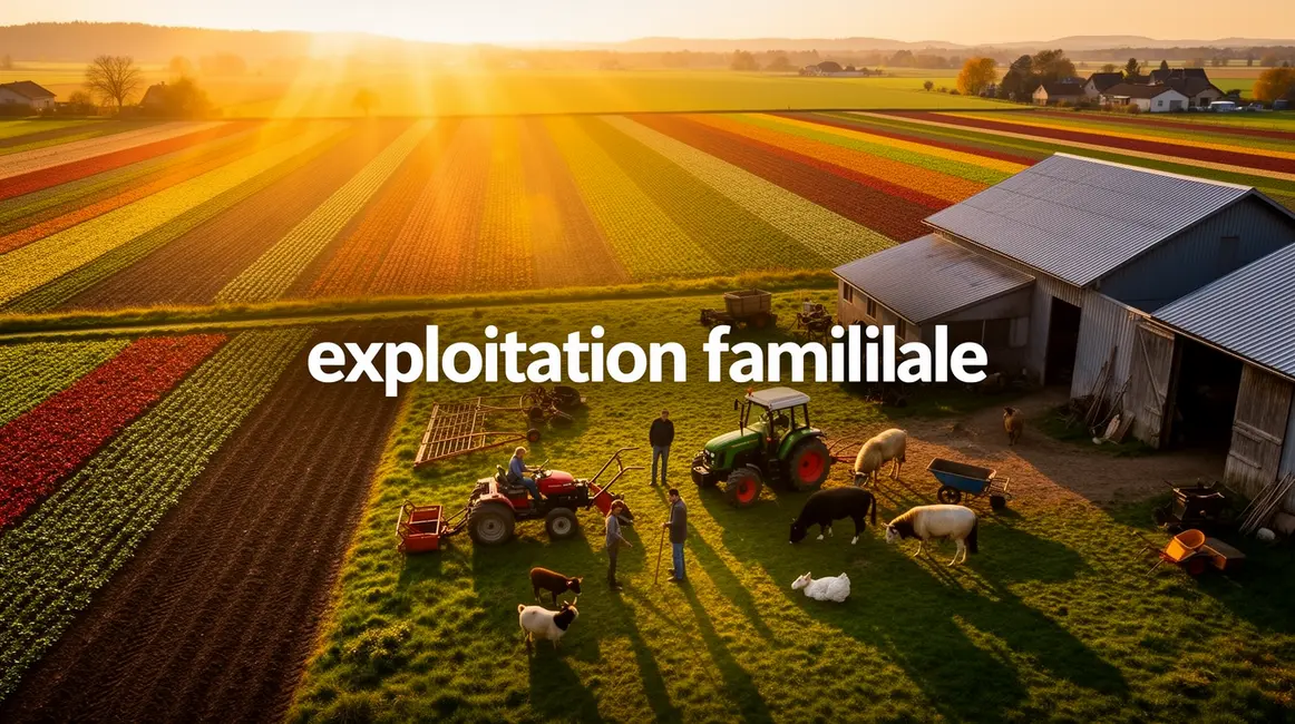 vue aérienne exploitation familiale agricole avec champs et générations