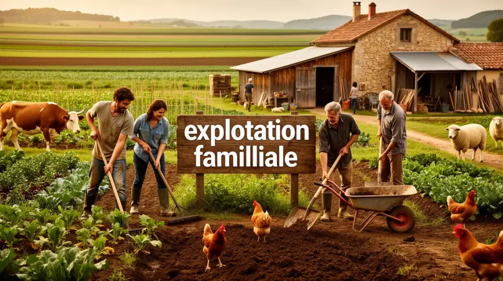 exploitation familiale durable silhouettes outils cultures animaux