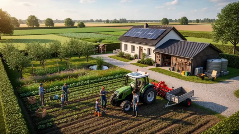 Vue exploitation familiale en 2026 ferme moderne famille agriculture