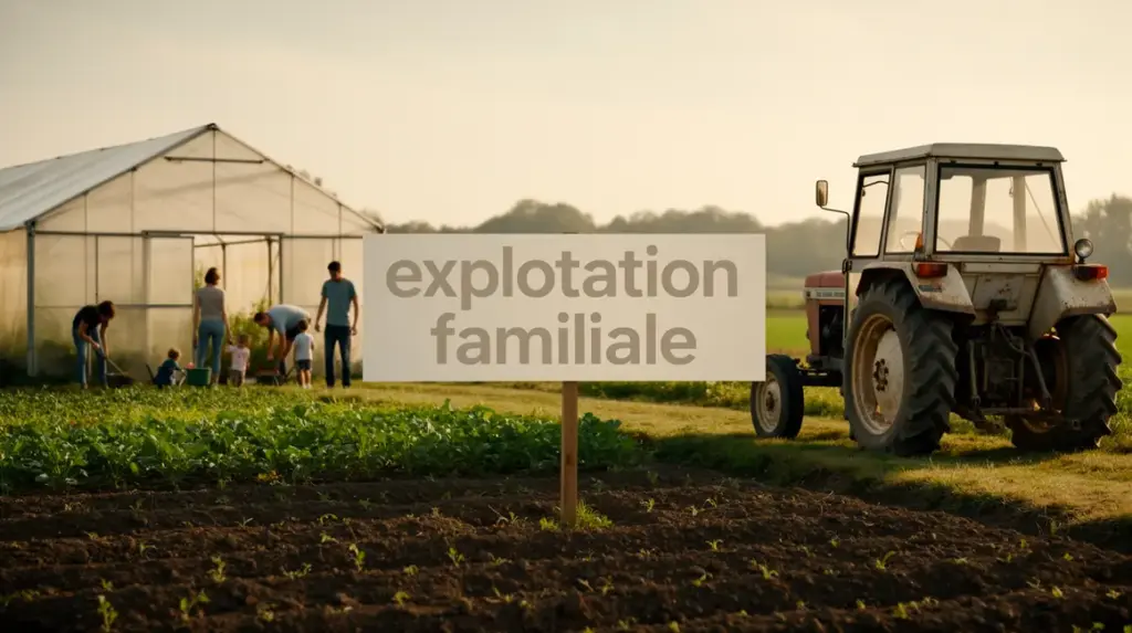 Scène exploitation familiale champ tracteur serre