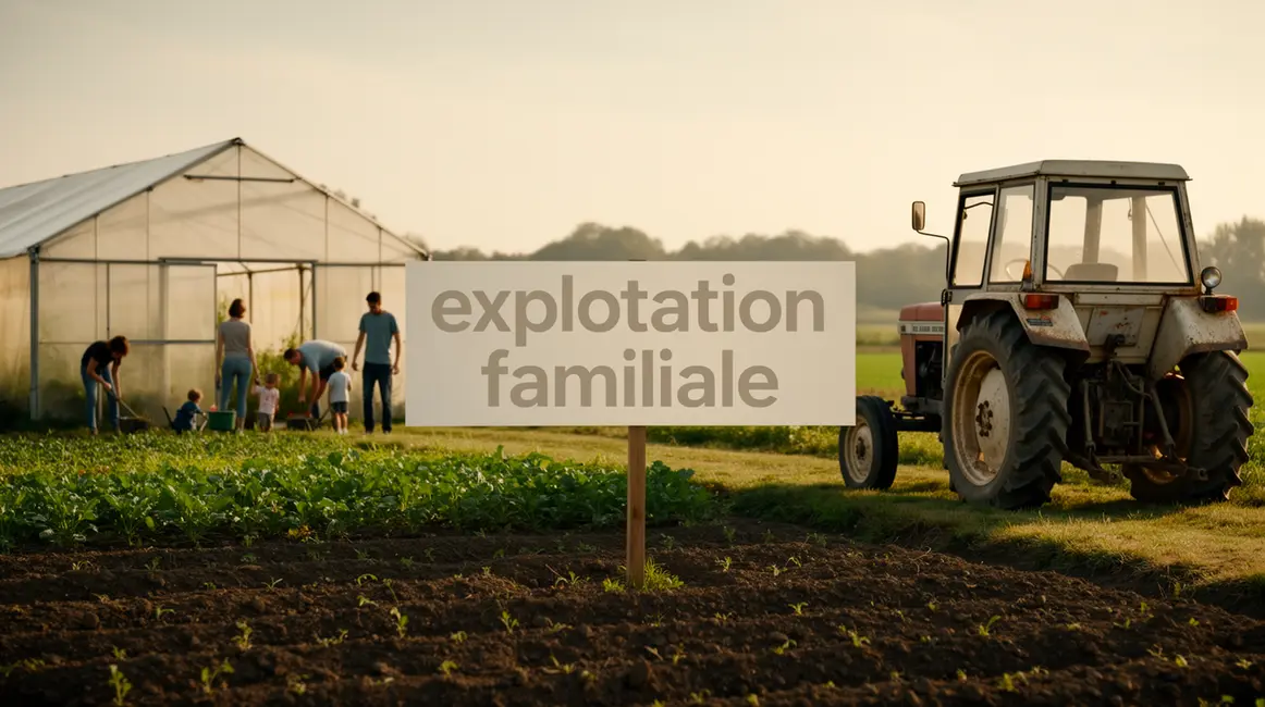 Scène exploitation familiale champ tracteur serre