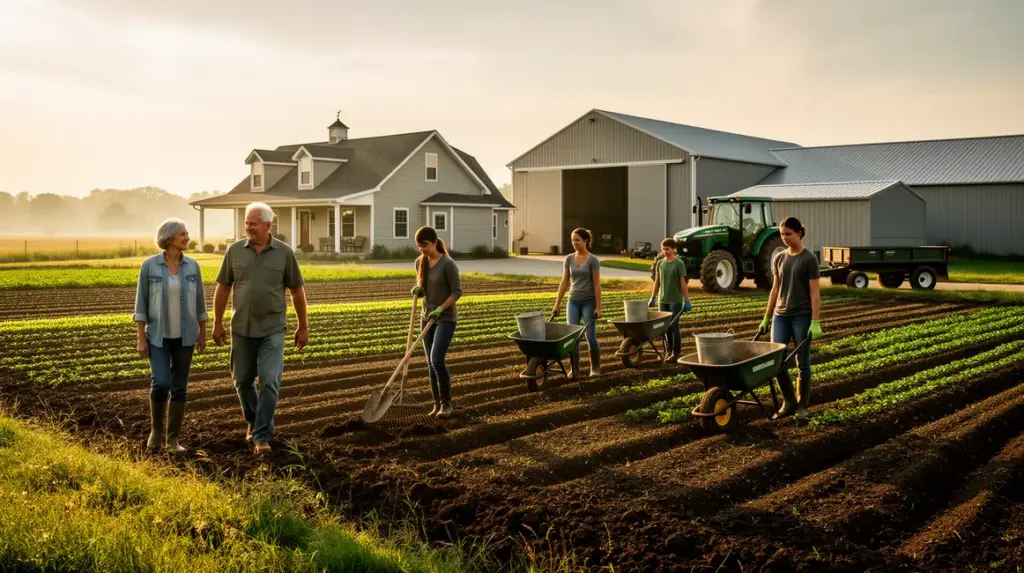 exploitation familiale moderne multi génération sur ferme