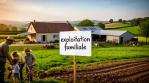 Scène exploitation familiale, ferme champs et famille