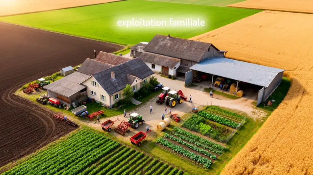 Vue aérienne exploitation familiale bâtiment champs outils personnes
