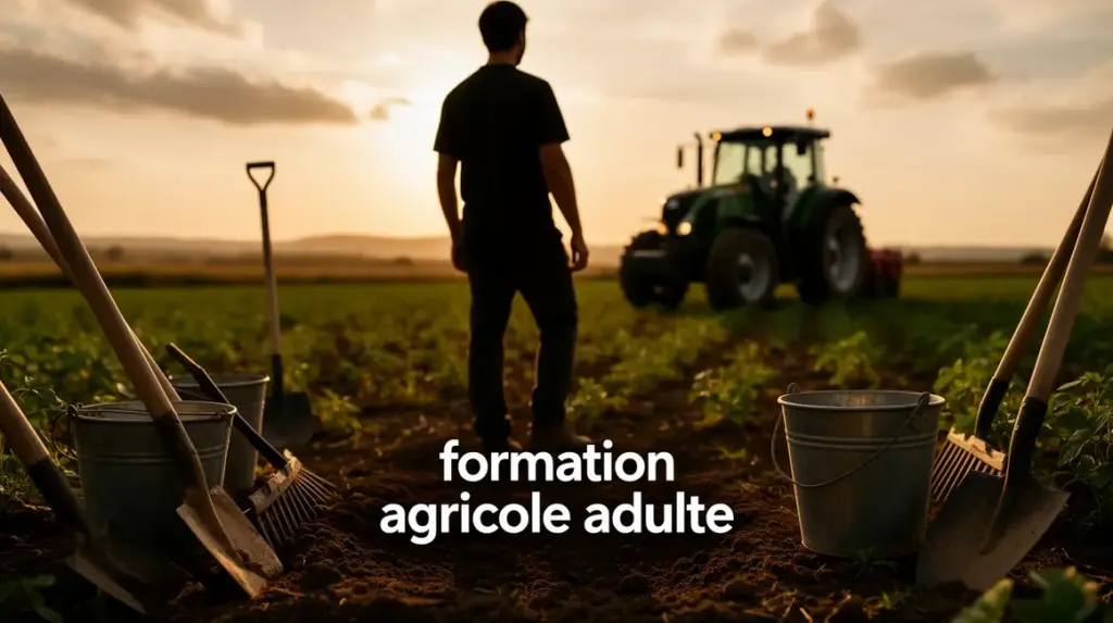 scène formation agricole adulte silhouette champ outil moderne