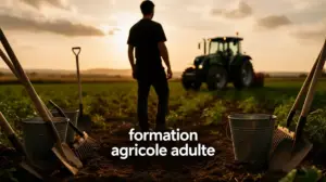 scène formation agricole adulte silhouette champ outil moderne