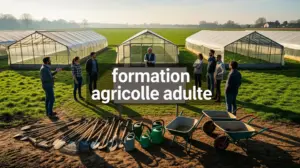 Formation agricole adulte en groupe sur terrain rural