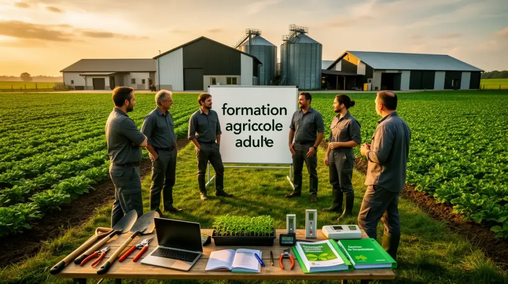 formation agricole adulte paysage rural silhouettes et outils