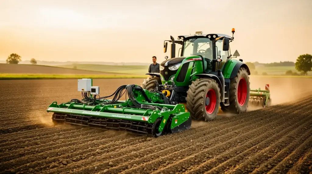 champ avec herse rotative moderne technologie agricole