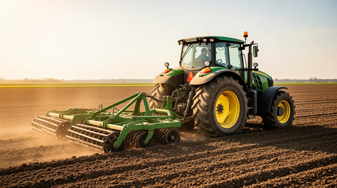 tracteur avec herse rotative sur champ printemps