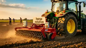 Champ cultivé avec herse rotative attelée, travailleurs et outils visibles
