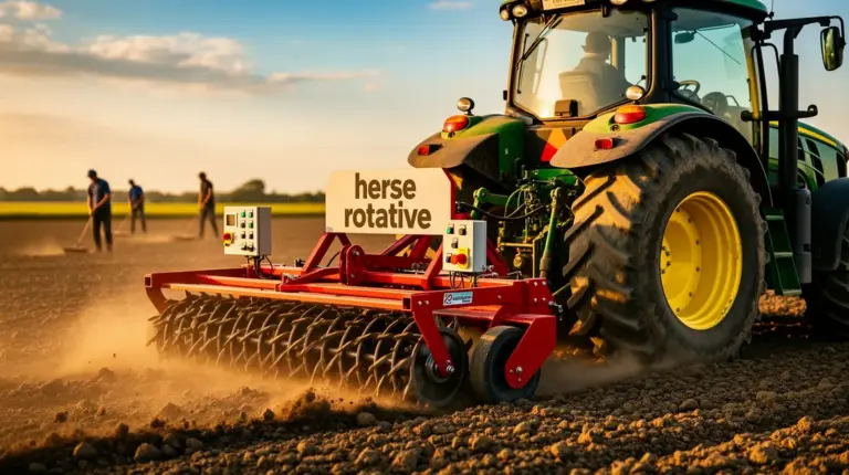 Champ cultivé avec herse rotative attelée, travailleurs et outils visibles