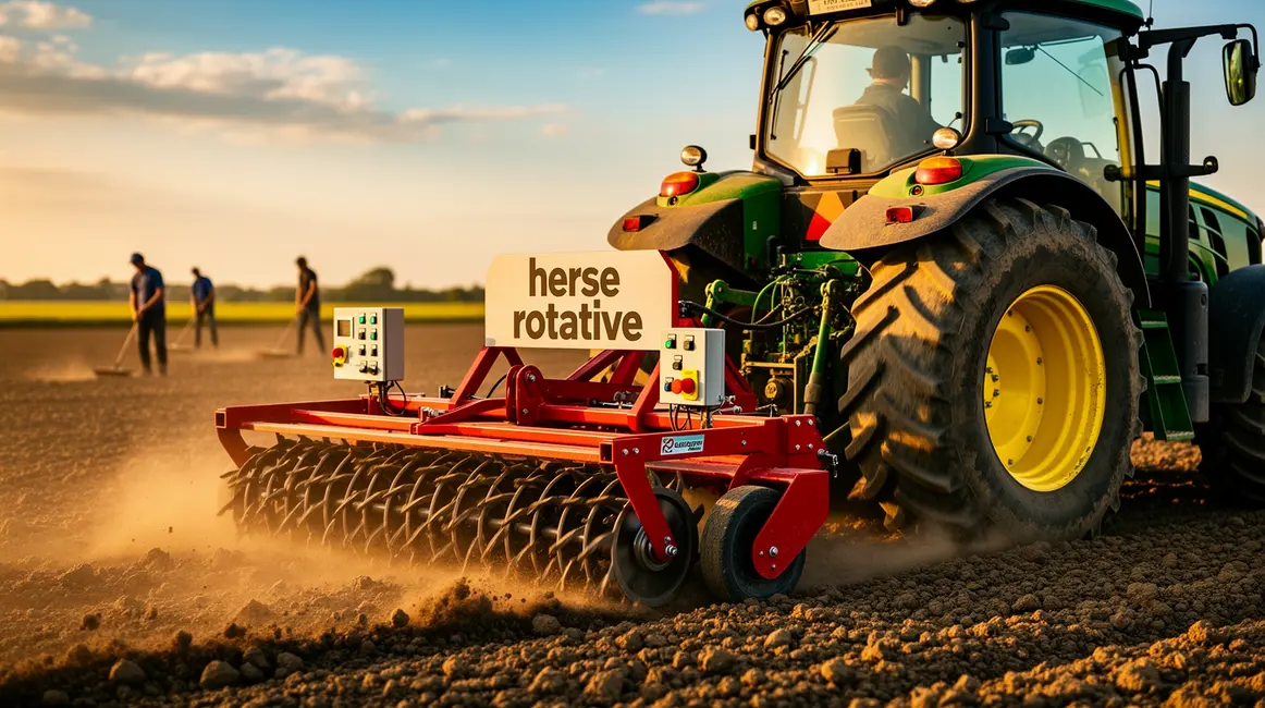 Champ cultivé avec herse rotative attelée, travailleurs et outils visibles
