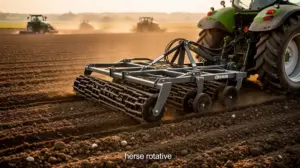 herse rotative en action sur champ prepare