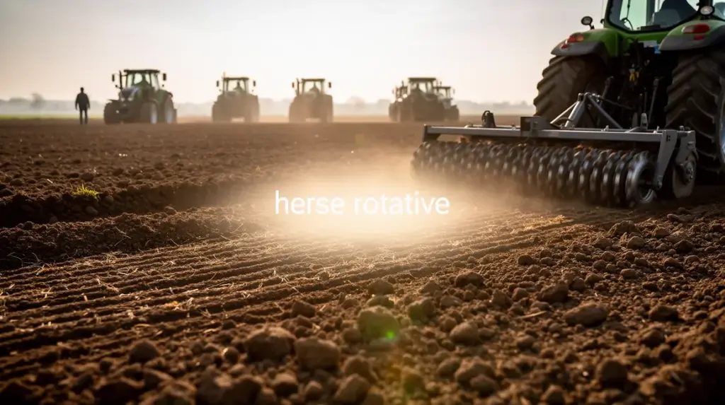 champ préparé avec herse rotative, tracteurs, rouleaux, sol affiné