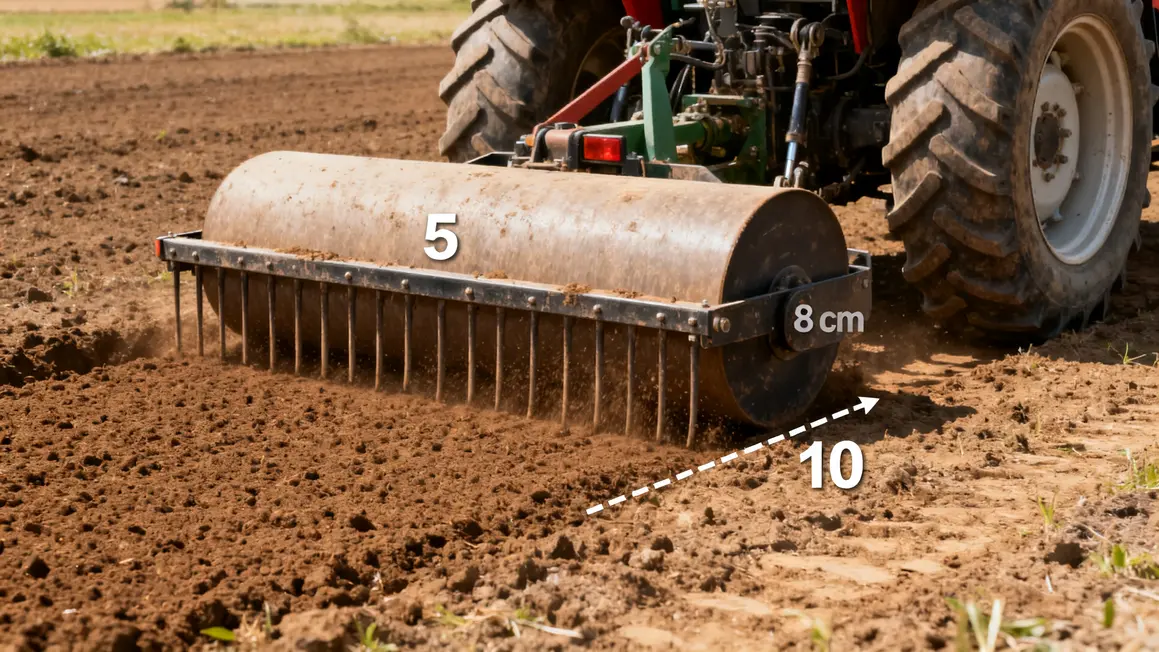 Tracteur avec herse rotative, dents verticales profondeur sol