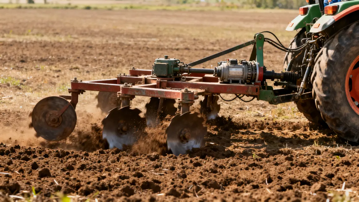 herse rotative tracteur lames preparation sol photo realiste