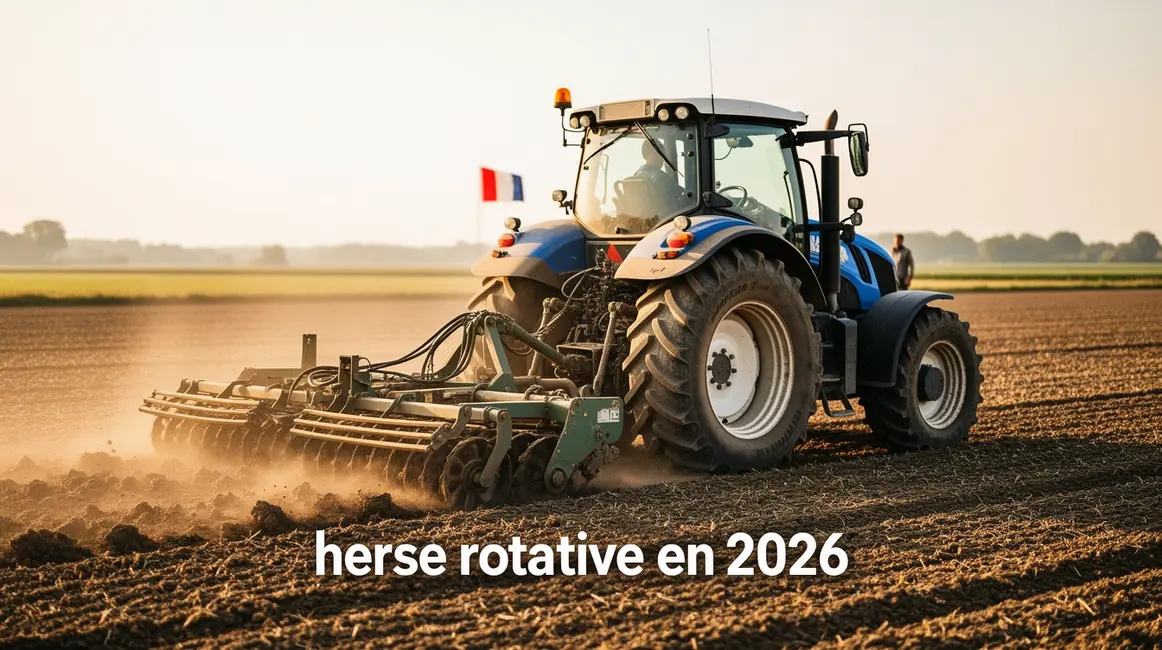 herse rotative petit budget 2026 en action sur champ français, matin