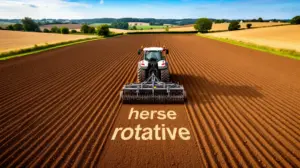 champ prepare avec herse rotative et tracteur, vue aerienne