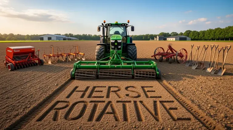 herse rotative moderne au centre du champ avec tracteur et outils