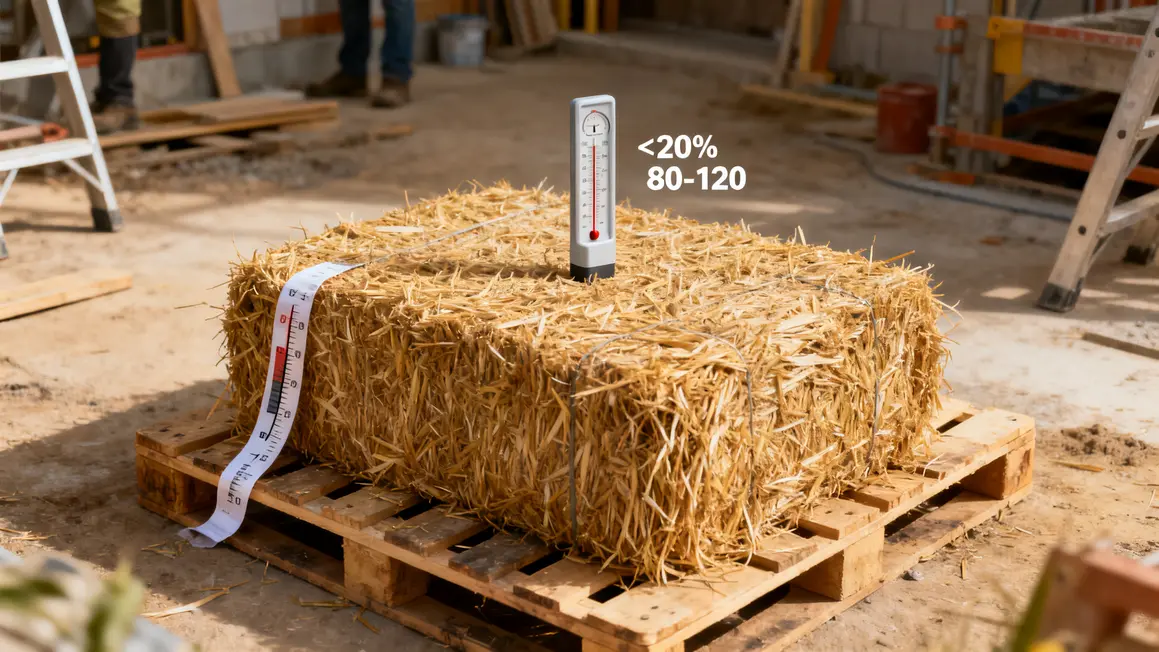 Botte de paille avec humidimètre et ruban mesures
