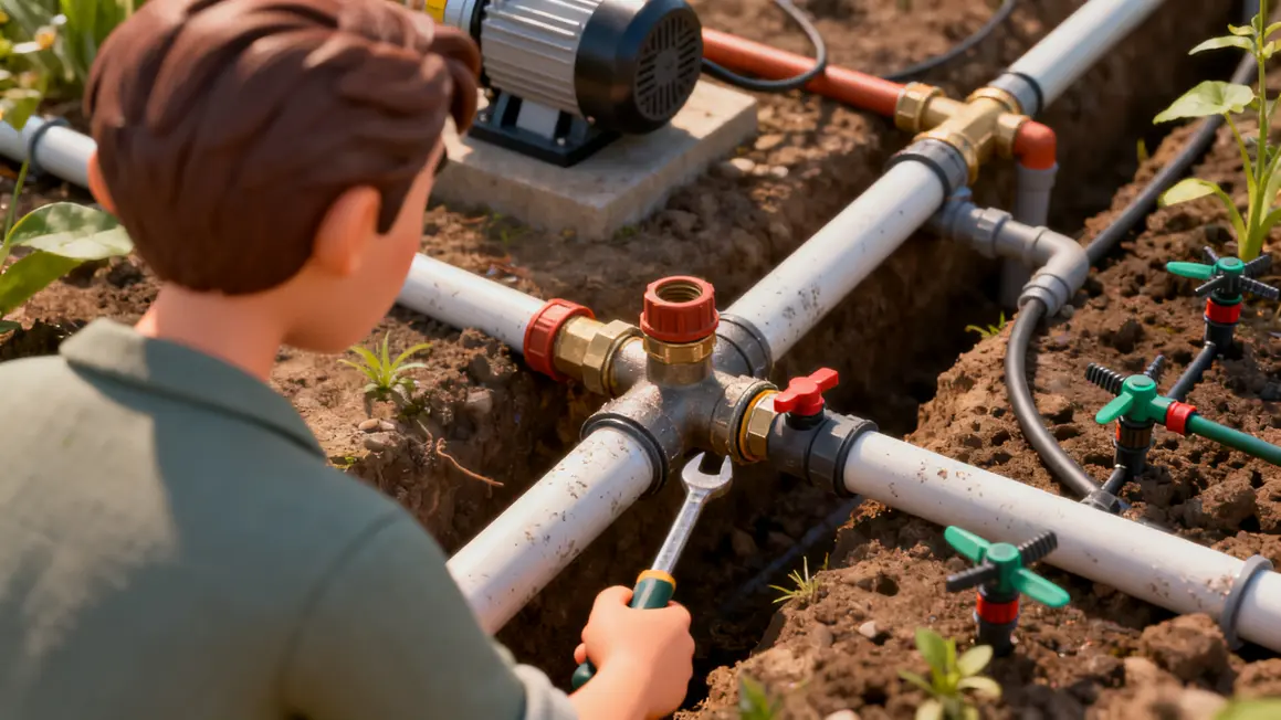 Montage réseau irrigation agricole tuyaux pompe goutteurs asperseurs