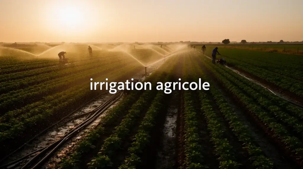 irrigation agricole au lever du soleil avec goutte a goutte et arroseurs
