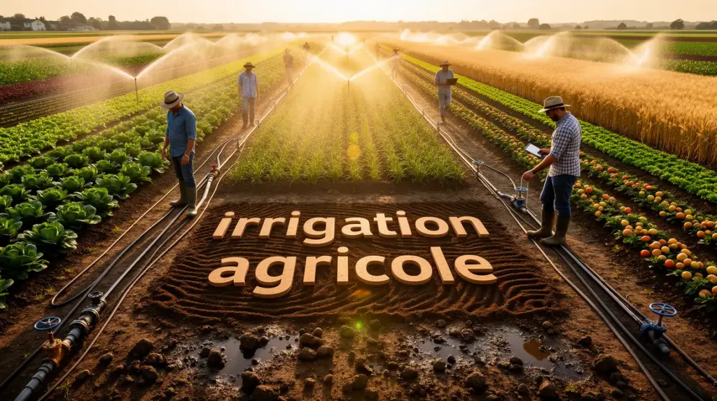 champ moderne irrigation agricole goutte-a-goutte asperseurs cultures
