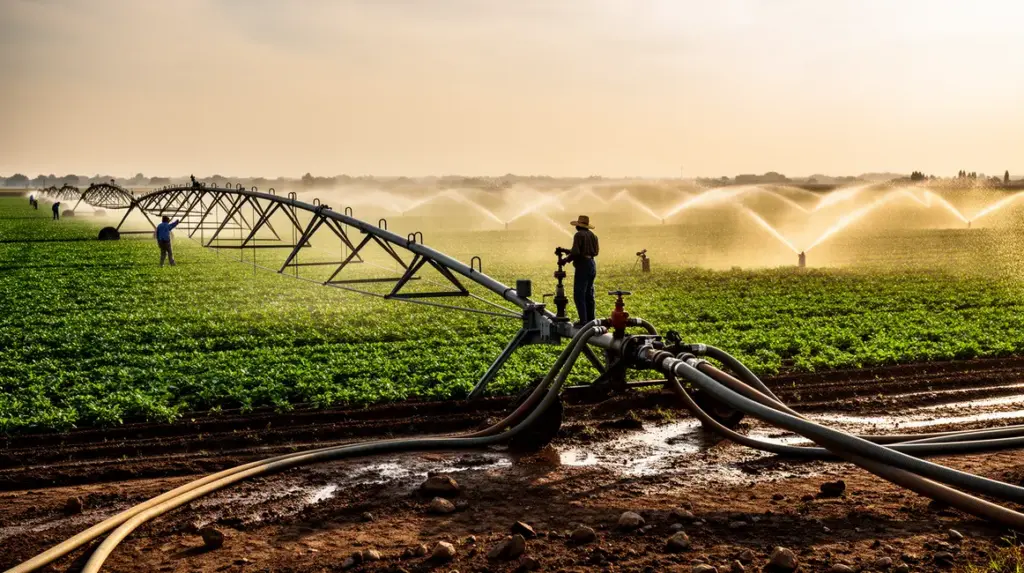 champ irrigue sous le soleil, rampes et agriculteurs ajustant l'eau