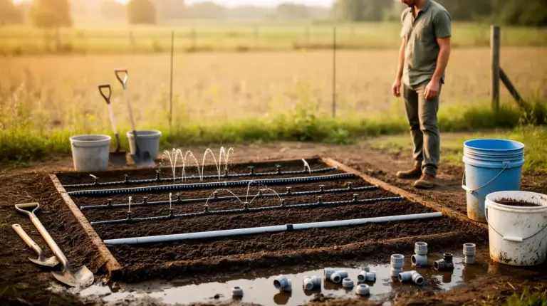 Jeune agriculteur sur parcelle avec systeme d'irrigation agricole simple