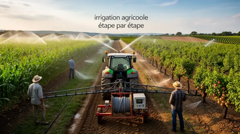 Parcelle agricole diversité avec irrigation goutte-à-goutte, aspersion, et cultures organisées