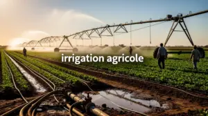 Champ avec irrigation agricole moderne pivot goutte a goutte aspersion