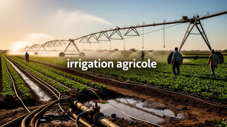 Champ avec irrigation agricole moderne pivot goutte a goutte aspersion