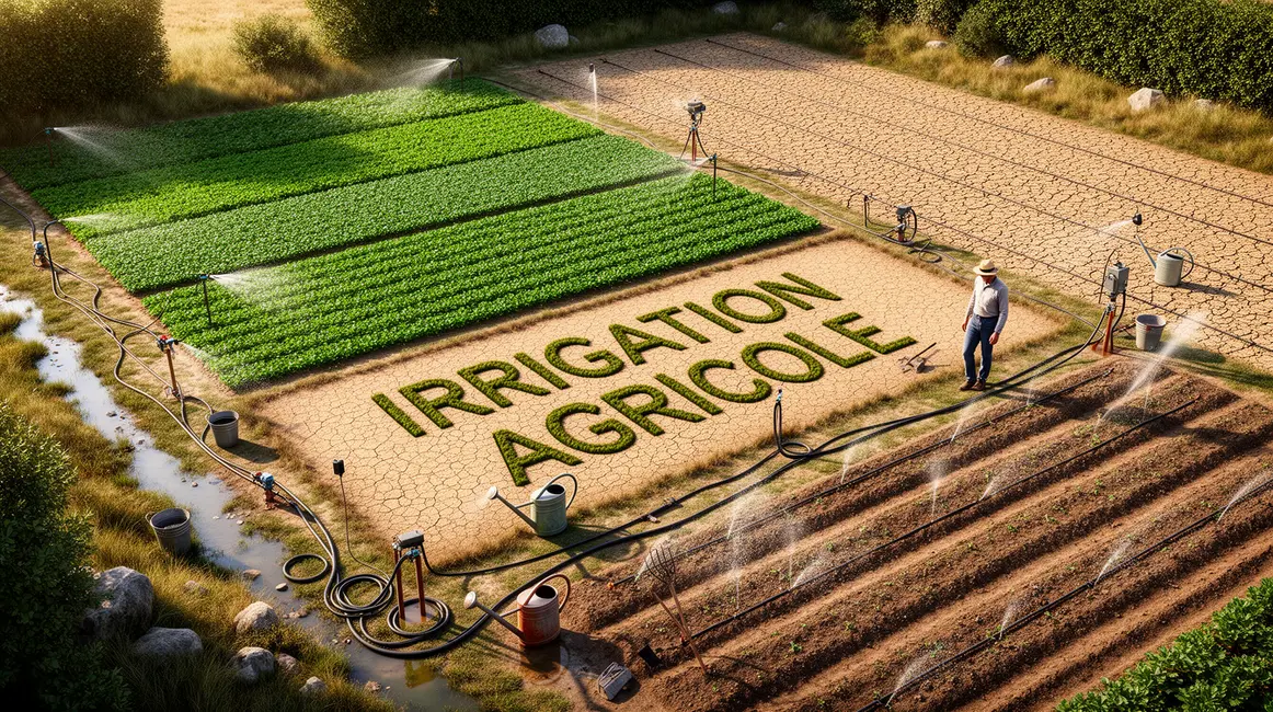 Photo irrigation agricole sur parcelle avec zones irriguees et seches