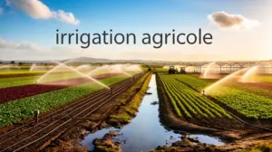 Panorama de champs, systemes irrigation agricole, ciel bleu