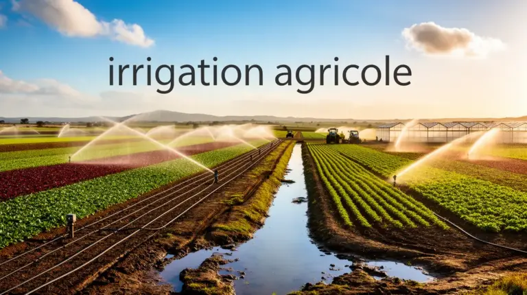 Panorama de champs, systemes irrigation agricole, ciel bleu