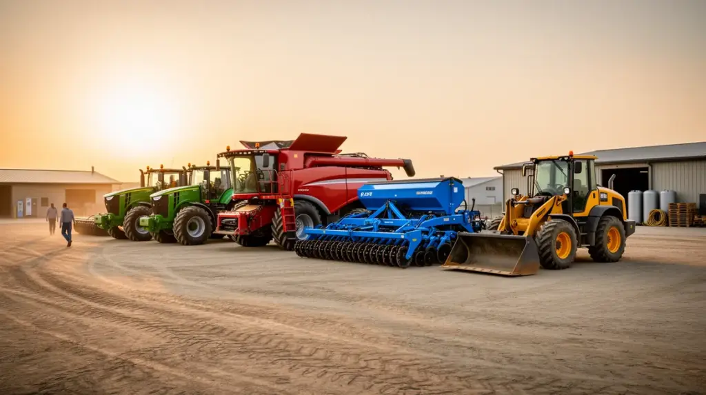 materiel agricole ferme moderne lever du soleil