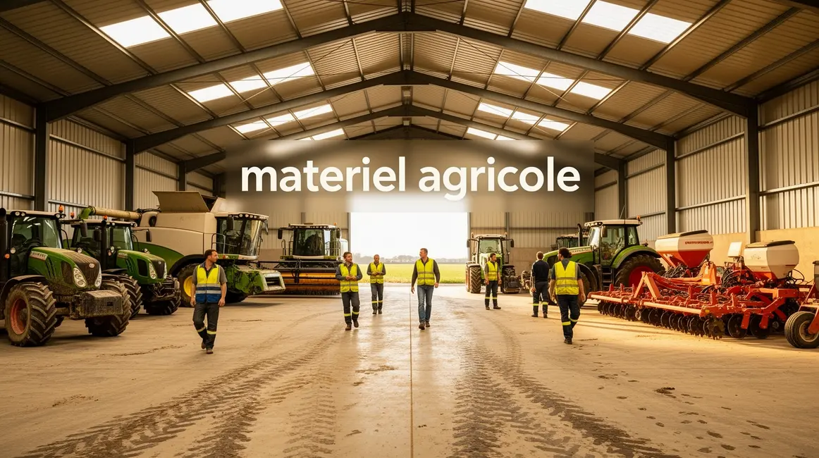 Vue hangar materiel agricole tracteurs moissonneuses ouvriers