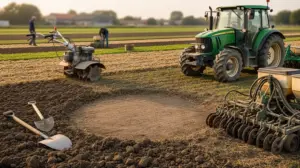 materiel agricole terrain avec outils tracteur semoir