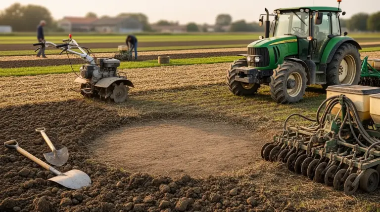 materiel agricole terrain avec outils tracteur semoir