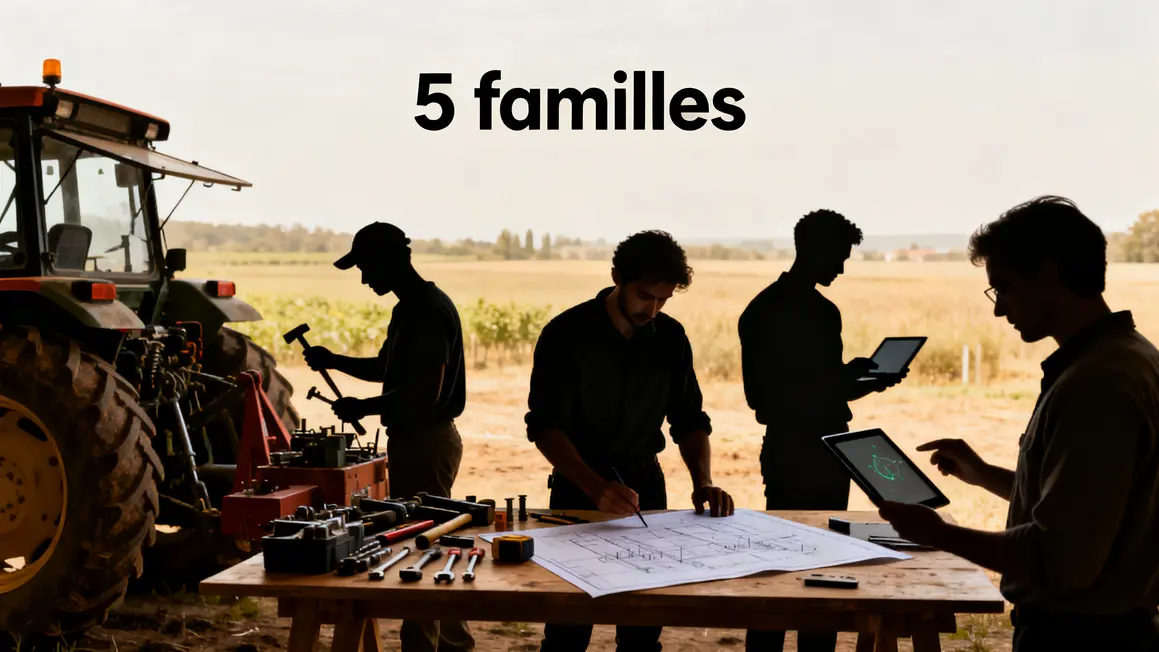 Panorama métiers agroéquipement cinq familles devant machines agricoles