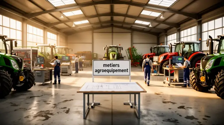 Atelier moderne avec machines agricoles et techniciens métiers agroéquipement