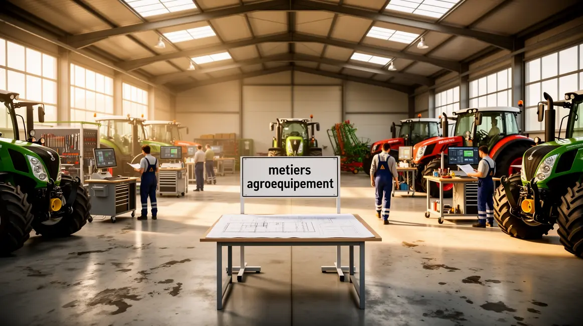 Atelier moderne avec machines agricoles et techniciens métiers agroéquipement