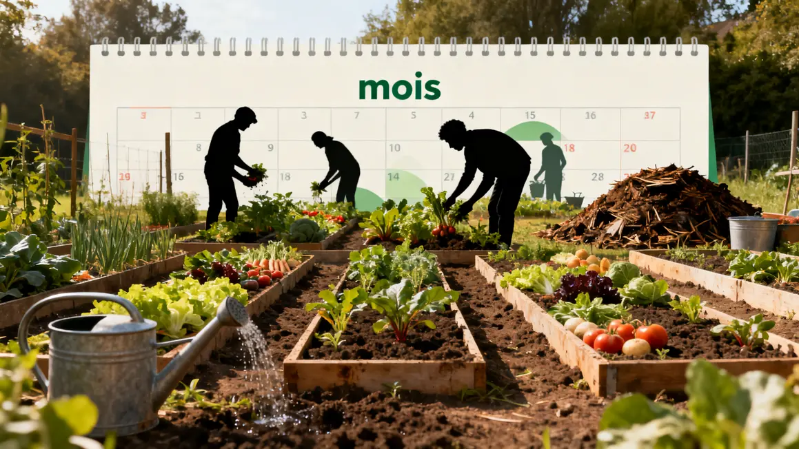 Planche maraichere sol frais, arrosoirs, legumes et calendrier